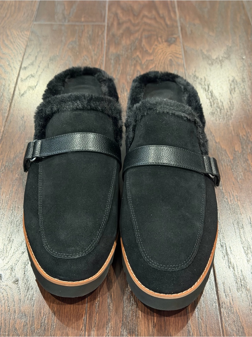 Vionic Kailen Black Suede Faux Fur Lined Mules Women Size 11 Buckle Lug Sole NEW